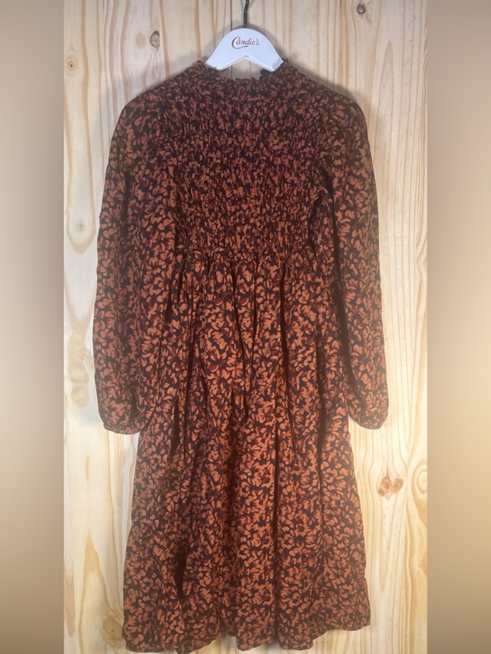 a new day Rust and Black Smocked Long Sleeve Midi Dress